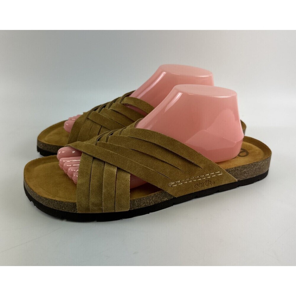 Earth Atlas Sandal Square Toe Slip On Strappy Casual Soft Suede Tan Womens 12
